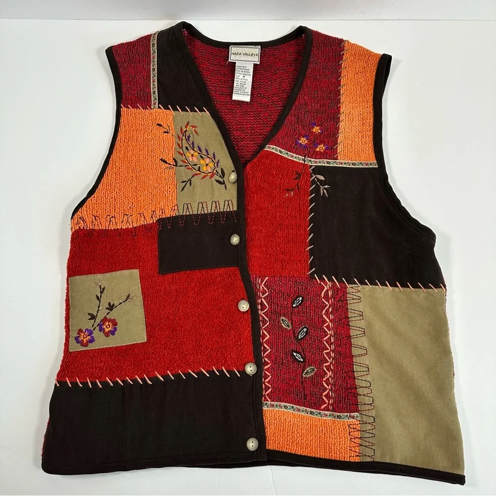 Vintage Napa Valley Patchwork Vest Medium Fall Embroidered Button‎ Front Casual